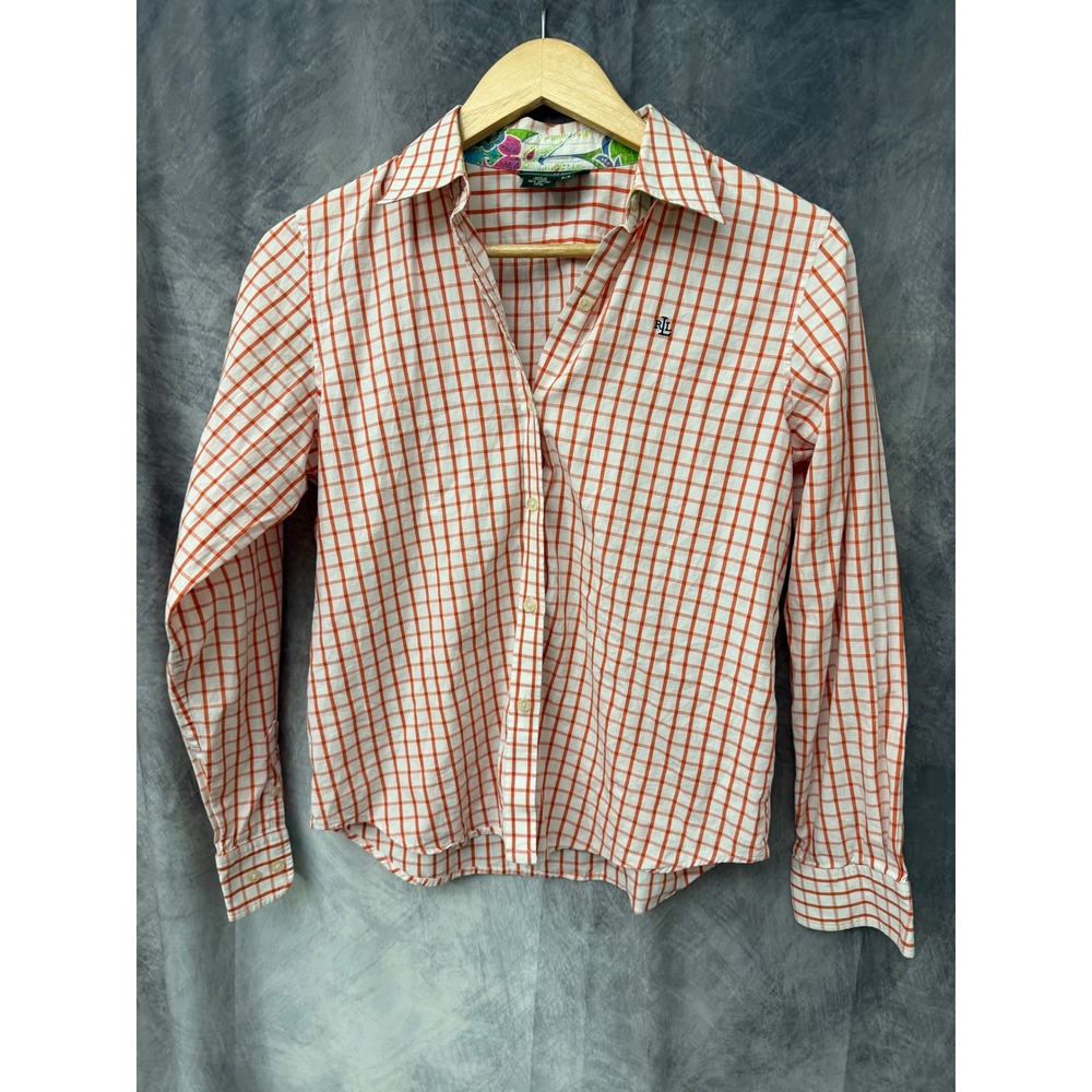 Lauren Ralph Lauren Womens Petite Orange White Check Cotton Button Down Shirt PS